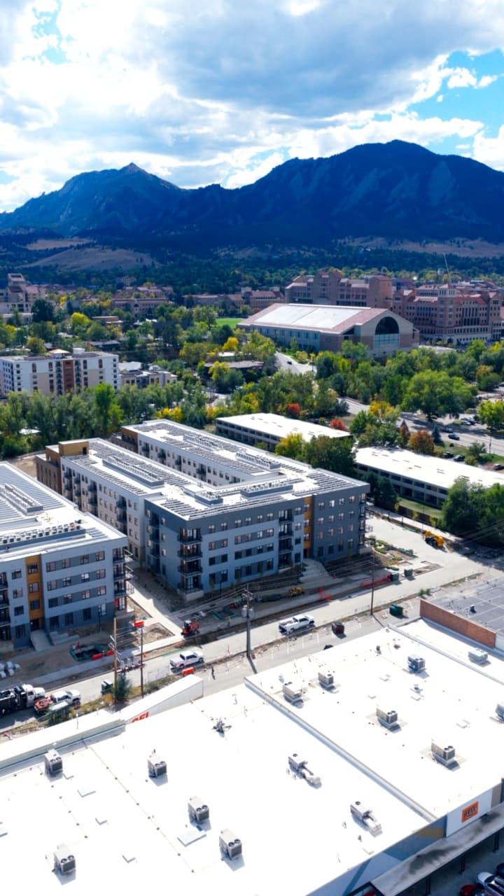 Aerial view over Boulder, Colorado, toward the Flatirons