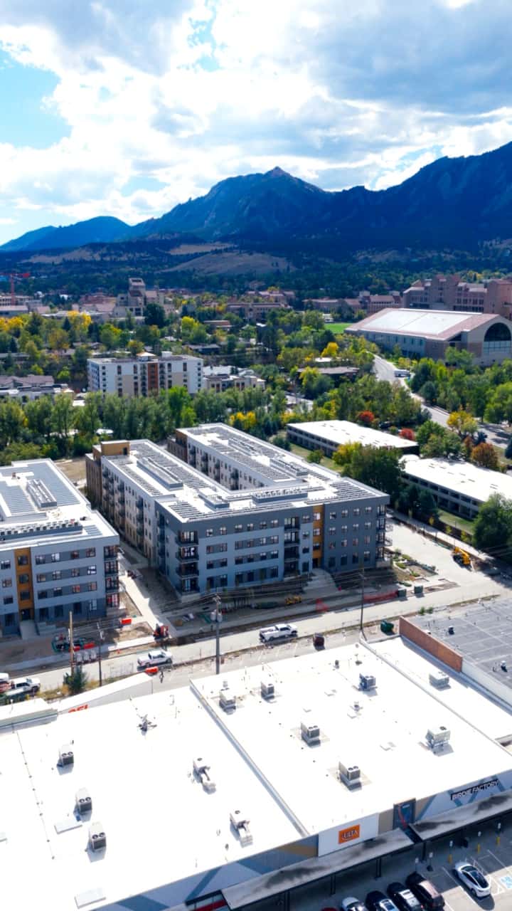 Aerial view over Boulder, Colorado, toward the Flatirons